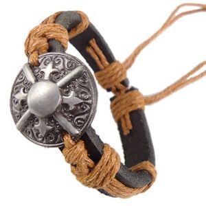 Gold Gladiator Shield Leather Hemp Adjustable Bracelet